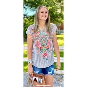 New Savanna Jane The Santa Maria Striped Embroidered V Neck Top